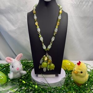 Vintage Green Yellow Frosted Glass & Acrylic Beaded Statement Necklace VGUC